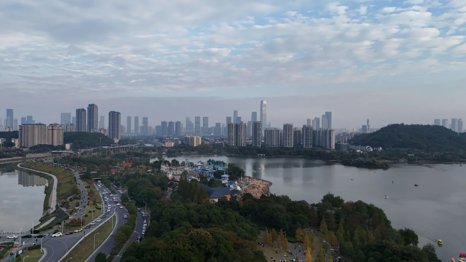 Aerial view of the Changsha skyline along the Xiang River