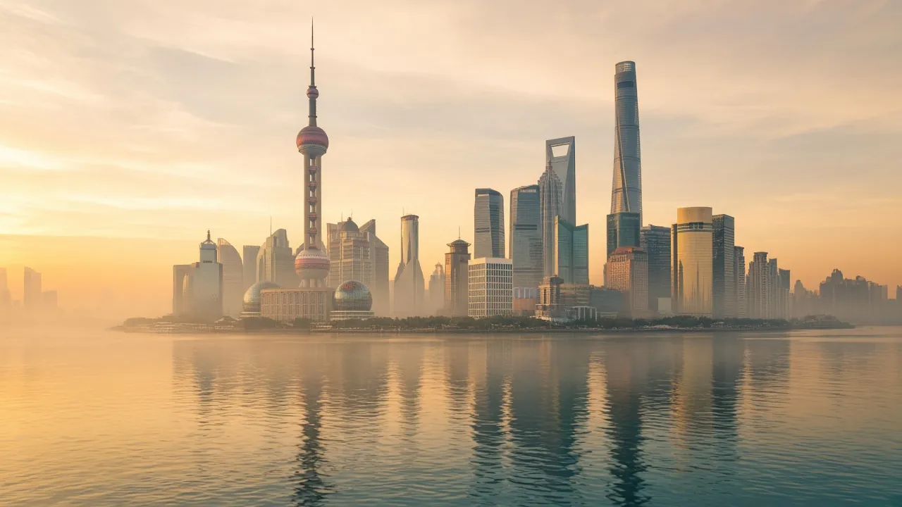 Golden-hour skyline across a misty river in China