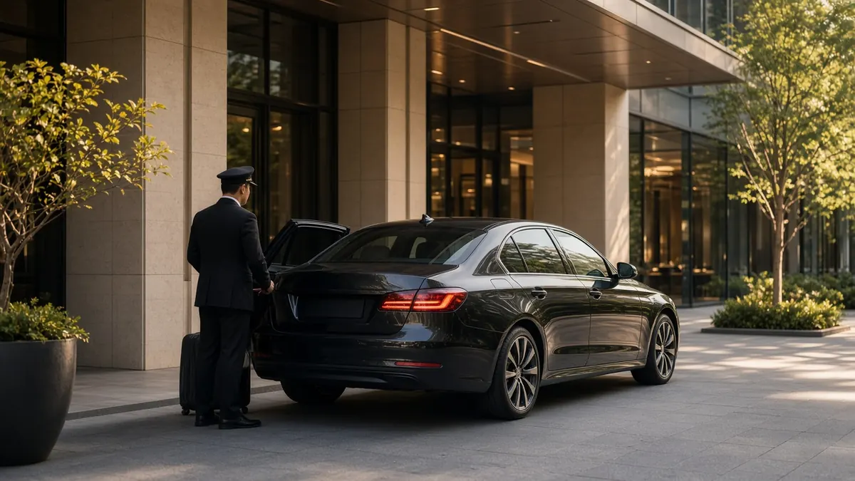 A driver with luggage beside a dark sedan at a hotel entrance