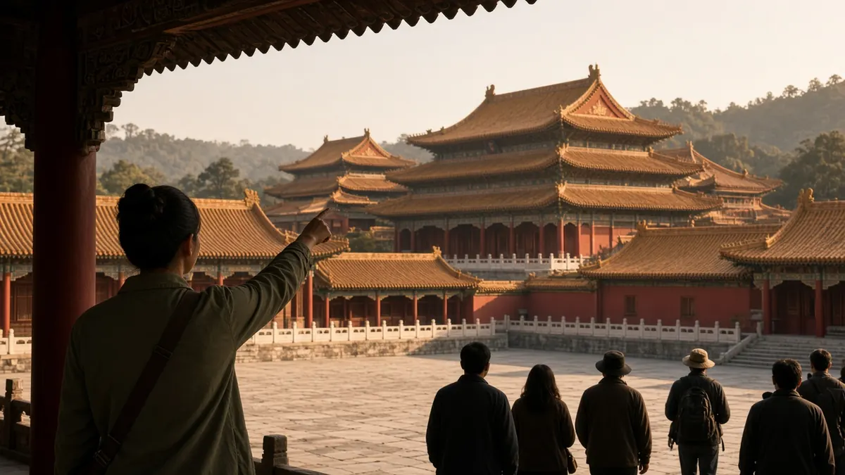 A guide seen from behind, pointing toward palace courtyards